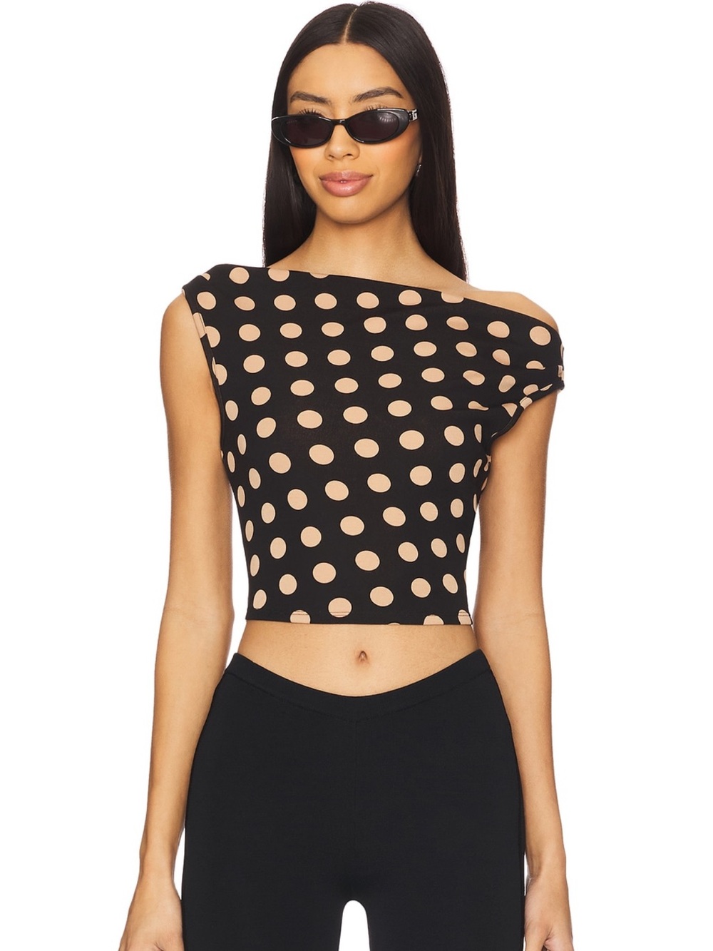 AFRM Black Crop Top with Beige Polka Dots